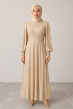 Altın Işıltılı Tesettür Abiye – Pul Payet Detaylı