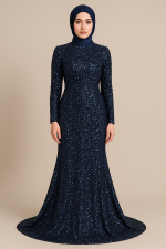 Gece Işıltısı Payetli Tesettür Abiye – Lacivert