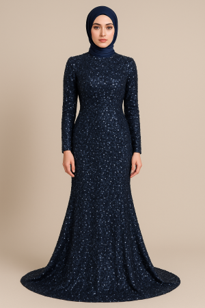 Gece Işıltısı Payetli Tesettür Abiye – Lacivert