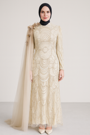 Bej Çiçek Detaylı Payetli Abiye Elbise