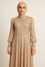 Bej Işıltılı Tesettür Abiye Elbise