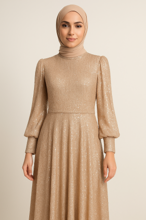 Bej Işıltılı Tesettür Abiye Elbise