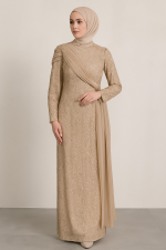 Bej Pul Payetli Drapeli Tesettür Abiye