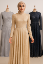 Bej Simli Tesettür Abiye Elbise