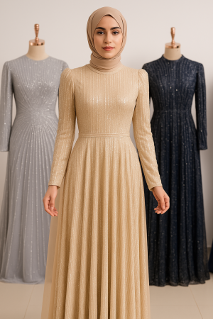 Bej Simli Tesettür Abiye Elbise