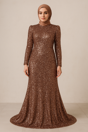 Bronz Payetli Tesettür Abiye – Işıltılı Tasarım