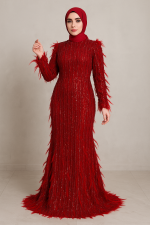 Kırmızı Tüy Detaylı Payetli Tesettür Abiye