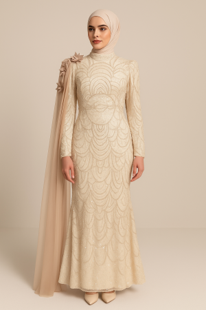 Krem İşlemeli Tesettür Abiye – Çiçek Aksesuarlı Tül Detaylı