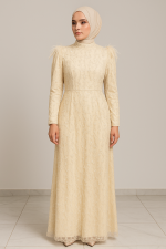 Krem Tüy ve İşleme Detaylı Tesettür Abiye