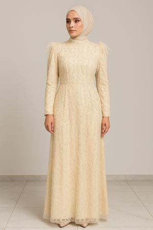 Krem Tüy ve İşleme Detaylı Tesettür Abiye