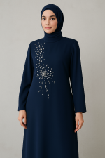 Lacivert İnci İşlemeli Tesettür Elbise