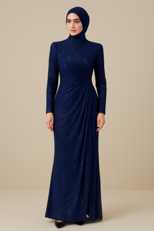 Lacivert Simli Drapeli Tesettür Abiye