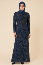 Lacivert Taş İşlemeli Tesettür Abiye
