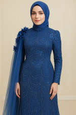 Mavi Çiçek Detaylı İşlemeli Tesettür Abiye