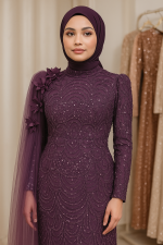 Mor Çiçek Detaylı İşlemeli Tesettür Abiye