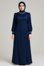 Saten Dokulu Lacivert Tesettür Elbise – Taş Detaylı