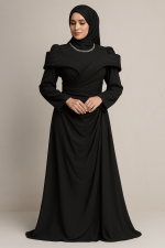 Siyah Drapeli ve Taş Detaylı Abiye Elbise