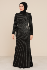 Siyah Işıltılı Tesettür Abiye – Güneş Motifli Tasarım
