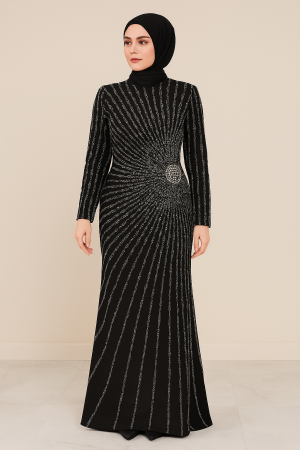 Siyah Işıltılı Tesettür Abiye – Güneş Motifli Tasarım