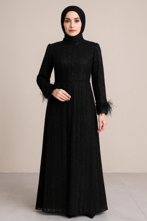 Siyah İşlemeli Tesettür Abiye – Tüy Detaylı Kol