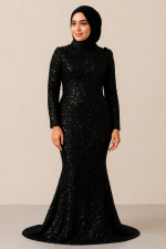 Siyah Payetli Tesettür Abiye – Balık Model