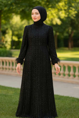 Siyah Sim İşlemeli Tesettür Abiye – Tüy Detaylı