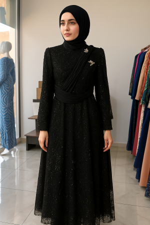 Siyah Taş İşlemeli Drapeli Tesettür Abiye