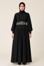 Taş İşlemeli Siyah Tesettür Abiye – Pelerin Kol