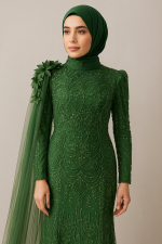 Yeşil İşlemeli Tesettür Abiye – Tül ve Çiçek Detaylı