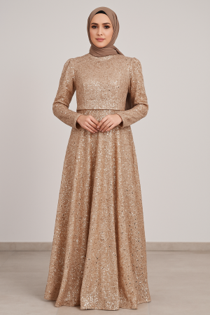 Gold Payetli Tesettür Abiye Elbise