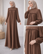 Fırfır Detaylı Kahverengi Tesettür Elbise