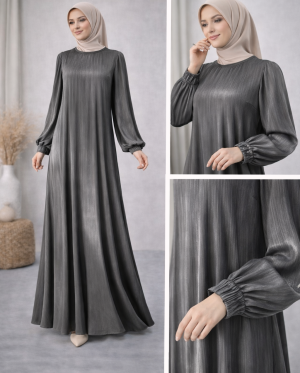 Pliseli Antrasit Tesettür Elbise