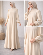 Sade Balon Kol Bej Tesettür Elbise