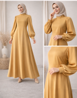 Sade Balon Kol Hardal Tesettür Elbise