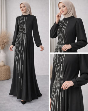 Sim Çizgi Detaylı Siyah Tesettür Abiye Elbise