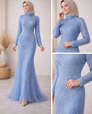 Sim İşlemeli Mavi Tesettür Abiye Elbise