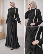 Taş Detaylı Drapeli Siyah Tesettür Abiye Elbise