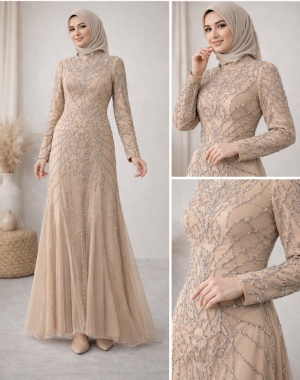 Taş İşlemeli Bej Abiye Tesettür Elbise