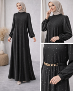 Taş Nokta Detaylı Siyah Tesettür Elbise