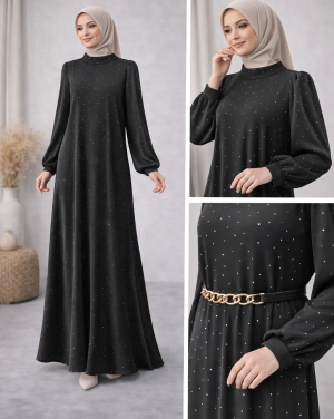 Taş Nokta Detaylı Siyah Tesettür Elbise