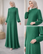 Taş Nokta Detaylı Yeşil Tesettür Elbise