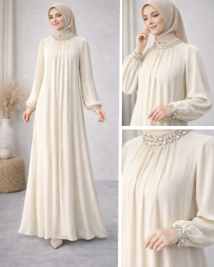 Taş Yakalı Krem Tesettür Abiye Elbise