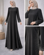 Yan Taş İşlemeli Siyah Tesettür Abiye Elbise