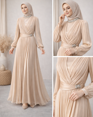 Zarif Pileli Taş Detaylı Tesettür Abiye Elbise