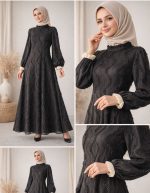 Siyah Dalga Desenli Püsküllü Tesettür Elbise