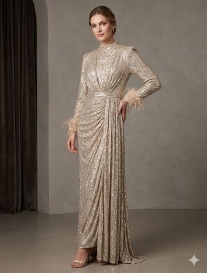 Aura Gold Serisi: Tüy Detaylı Payet Abiye