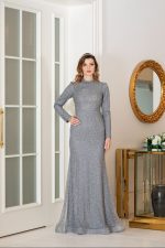 Dik Yaka Taş ve Palet İşlemeli Balık Model Abiye Elbise